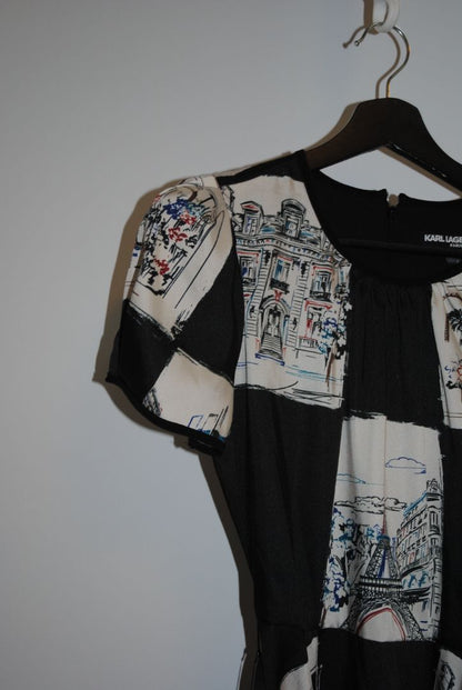 black and paris print Karl Lagerfeld puff belted dress, 2