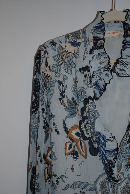 blue and white Tory Burch Floral Ruffle Silk Dress, 8