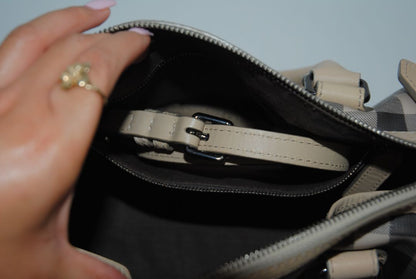 beige and gray Burberry bowling bag, 📏 Dimensions Height: 8” (20 cm) Width: 12” (30.5 cm) Depth: 6.5” (16.5 cm) Handle Drop: 4” (10 cm)