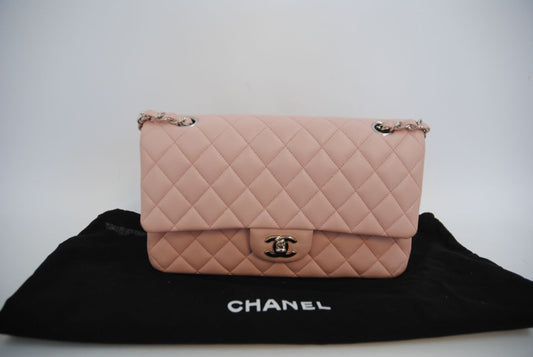 pink Chanel classic double flap, 25 cm width × ~16 cm height × ~7 cm depth (≈10″ × 6.3″ × 2.75″)