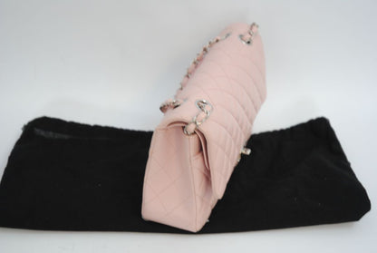 pink Chanel classic double flap, 25 cm width × ~16 cm height × ~7 cm depth (≈10″ × 6.3″ × 2.75″)