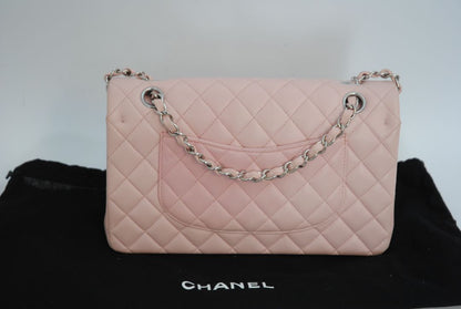 pink Chanel classic double flap, 25 cm width × ~16 cm height × ~7 cm depth (≈10″ × 6.3″ × 2.75″)
