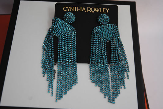 blue Cynthia Rowley rhinestone earrings waterfall, Length: ~6.5 in (16.5 cm) Width: ~2.5 in (6.4 cm) Weight: Lightweight (approx. 1.2 oz each)