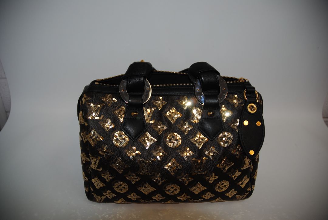 monogram embelished Louis Vuitton Sunshine Express Speedy LIMITED Edition, W ≈ 11″, H ≈ 8″, D ≈ 7″.  Speedy 30 sizing (30 cm ~11.8″ width)approx. 11.8″ (W) × 7.5″ (H) × 5.5–6″ (D).