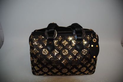 monogram embelished Louis Vuitton Sunshine Express Speedy LIMITED Edition, W ≈ 11″, H ≈ 8″, D ≈ 7″.  Speedy 30 sizing (30 cm ~11.8″ width)approx. 11.8″ (W) × 7.5″ (H) × 5.5–6″ (D).