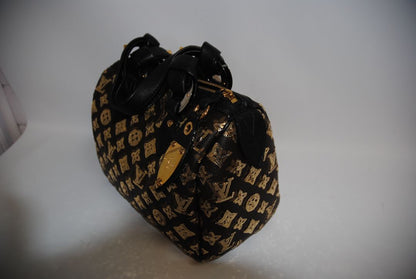 monogram embelished Louis Vuitton Sunshine Express Speedy LIMITED Edition, W ≈ 11″, H ≈ 8″, D ≈ 7″.  Speedy 30 sizing (30 cm ~11.8″ width)approx. 11.8″ (W) × 7.5″ (H) × 5.5–6″ (D).