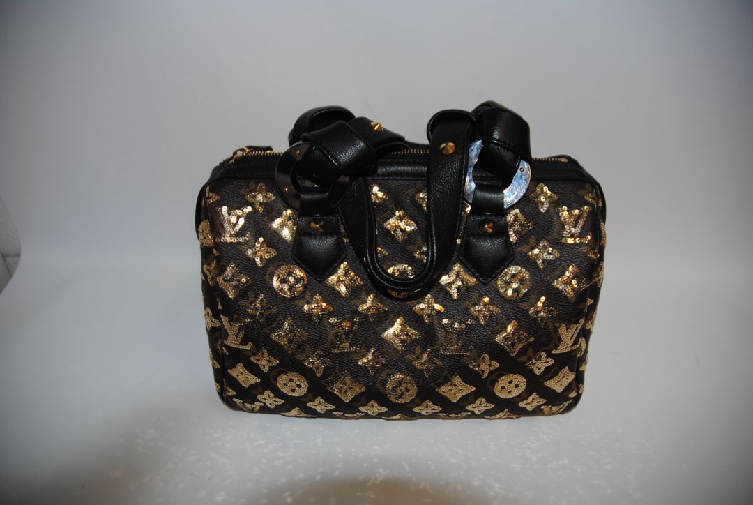 monogram embelished Louis Vuitton Sunshine Express Speedy LIMITED Edition, W ≈ 11″, H ≈ 8″, D ≈ 7″.  Speedy 30 sizing (30 cm ~11.8″ width)approx. 11.8″ (W) × 7.5″ (H) × 5.5–6″ (D).