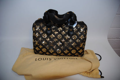 monogram embelished Louis Vuitton Sunshine Express Speedy LIMITED Edition, W ≈ 11″, H ≈ 8″, D ≈ 7″.  Speedy 30 sizing (30 cm ~11.8″ width)approx. 11.8″ (W) × 7.5″ (H) × 5.5–6″ (D).