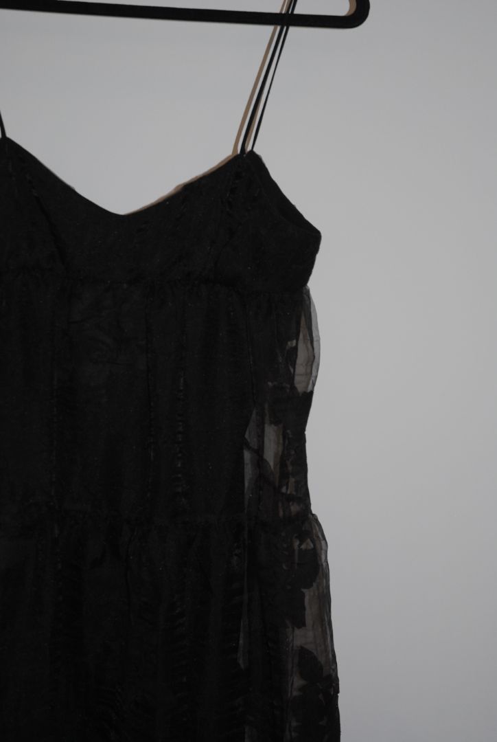 black Free People Black tiered chiffon, 4: Length: approx. 52-60 inches (since appears maxi) Waist: estimate ~26-28 inches (for standard size) Bust: estimate ~34-36 inches Strap drop: adjustable (spaghetti straps)