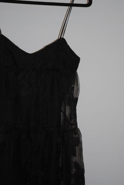 black Free People Black tiered chiffon, 4: Length: approx. 52-60 inches (since appears maxi) Waist: estimate ~26-28 inches (for standard size) Bust: estimate ~34-36 inches Strap drop: adjustable (spaghetti straps)