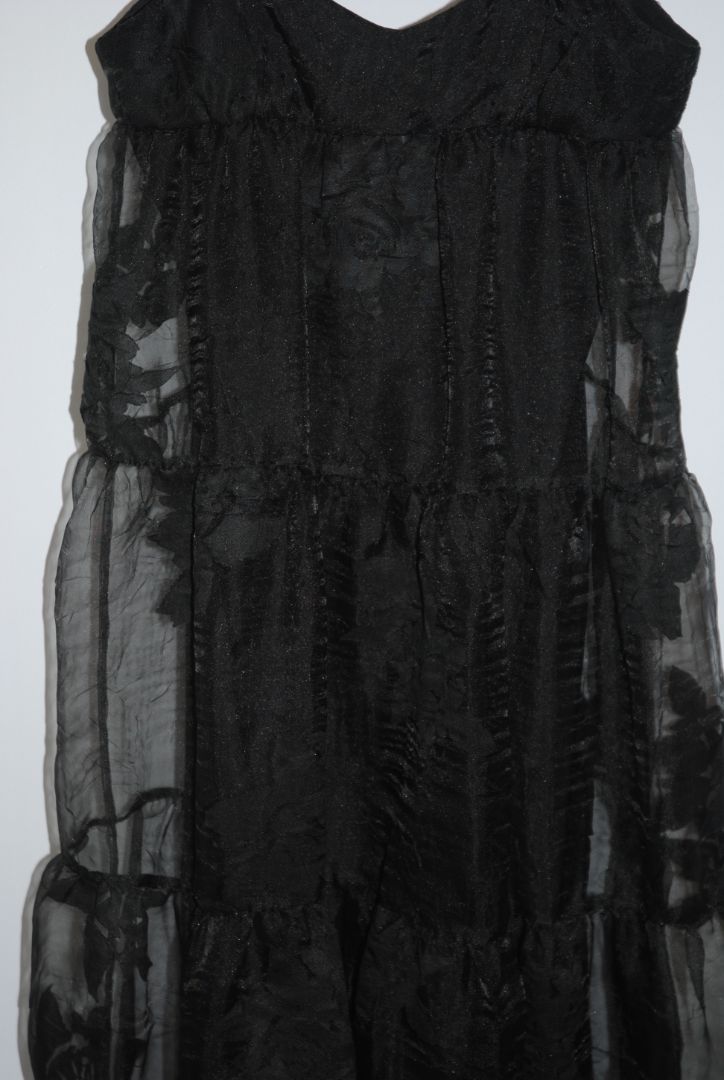 black Free People Black tiered chiffon, 4: Length: approx. 52-60 inches (since appears maxi) Waist: estimate ~26-28 inches (for standard size) Bust: estimate ~34-36 inches Strap drop: adjustable (spaghetti straps)