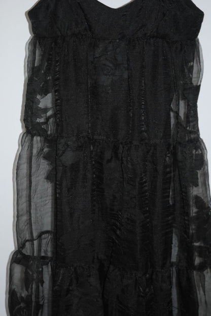 black Free People Black tiered chiffon, 4: Length: approx. 52-60 inches (since appears maxi) Waist: estimate ~26-28 inches (for standard size) Bust: estimate ~34-36 inches Strap drop: adjustable (spaghetti straps)
