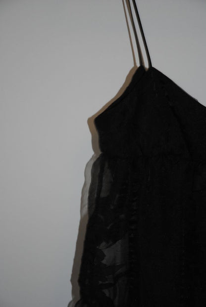 black Free People Black tiered chiffon, 4: Length: approx. 52-60 inches (since appears maxi) Waist: estimate ~26-28 inches (for standard size) Bust: estimate ~34-36 inches Strap drop: adjustable (spaghetti straps)