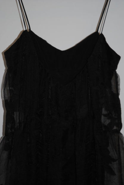 black Free People Black tiered chiffon, 4: Length: approx. 52-60 inches (since appears maxi) Waist: estimate ~26-28 inches (for standard size) Bust: estimate ~34-36 inches Strap drop: adjustable (spaghetti straps)