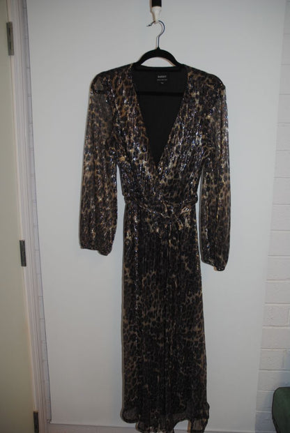 brown and tan Bardot wrap style maxi dress