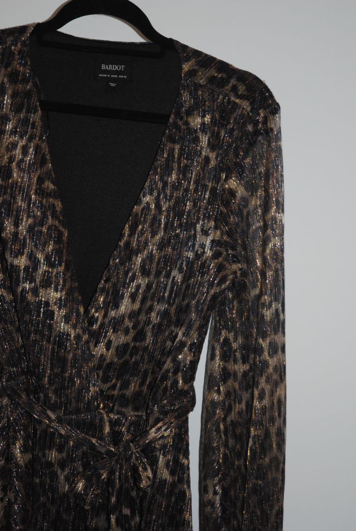 brown and tan Bardot wrap style maxi dress