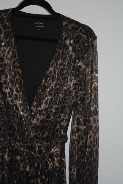 brown and tan Bardot wrap style maxi dress