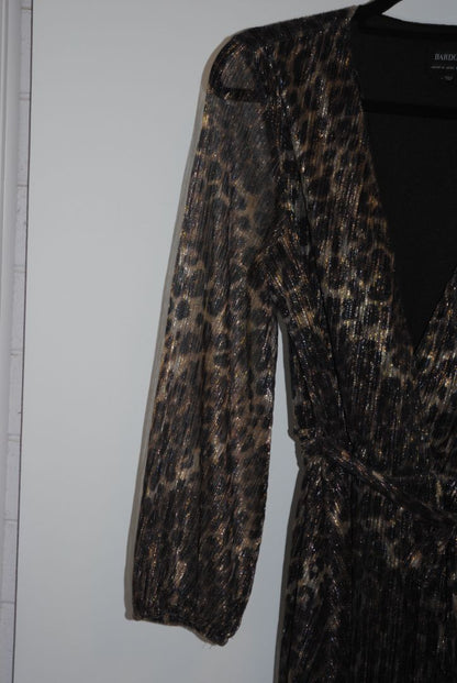 brown and tan Bardot wrap style maxi dress