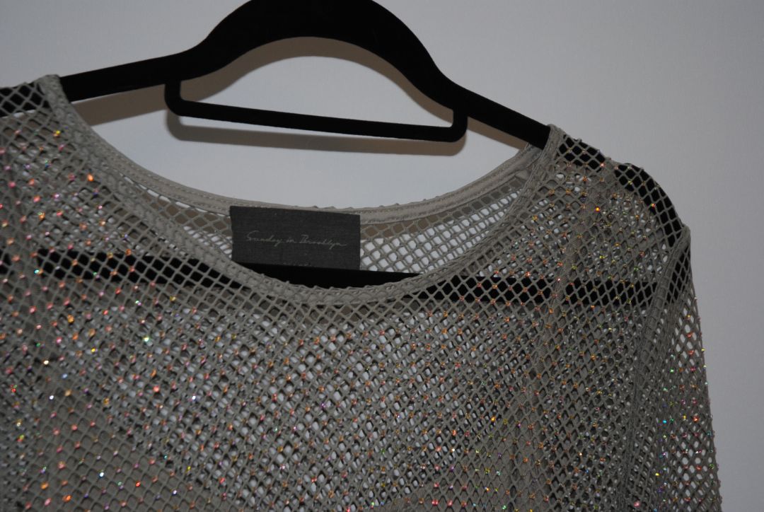 silvery grey Sunday in Brooklyn mesh top, L