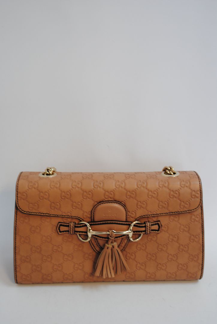 nude/ blush Gucci Emily Guccissima Leather Shoulder Bag (often called Emily Horsebit Chain Shoulder Bag), Length: 10.5–11” Height: 6.5” Depth: 2.5–3” Chain Strap Drop: ~10”