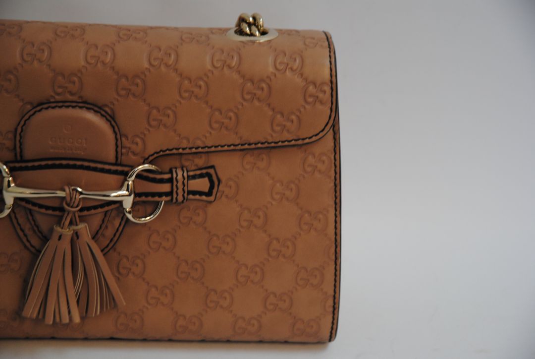 nude/ blush Gucci Emily Guccissima Leather Shoulder Bag (often called Emily Horsebit Chain Shoulder Bag), Length: 10.5–11” Height: 6.5” Depth: 2.5–3” Chain Strap Drop: ~10”