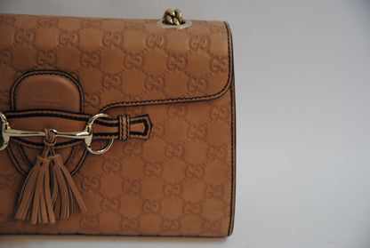 nude/ blush Gucci Emily Guccissima Leather Shoulder Bag (often called Emily Horsebit Chain Shoulder Bag), Length: 10.5–11” Height: 6.5” Depth: 2.5–3” Chain Strap Drop: ~10”