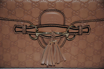 nude/ blush Gucci Emily Guccissima Leather Shoulder Bag (often called Emily Horsebit Chain Shoulder Bag), Length: 10.5–11” Height: 6.5” Depth: 2.5–3” Chain Strap Drop: ~10”