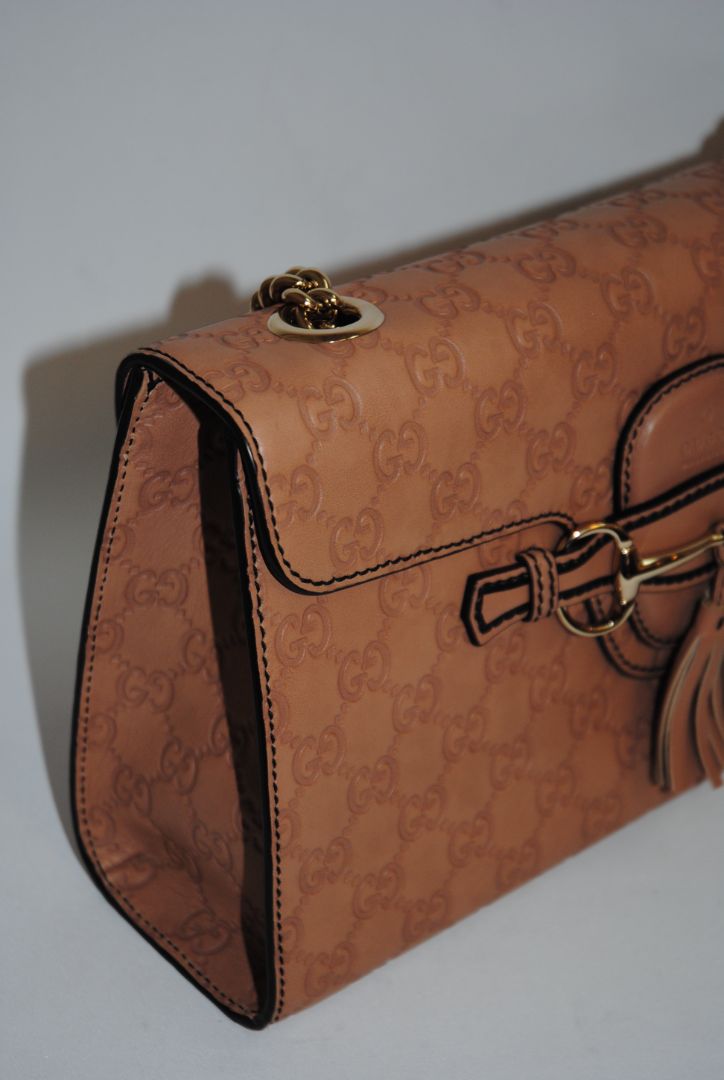 nude/ blush Gucci Emily Guccissima Leather Shoulder Bag (often called Emily Horsebit Chain Shoulder Bag), Length: 10.5–11” Height: 6.5” Depth: 2.5–3” Chain Strap Drop: ~10”