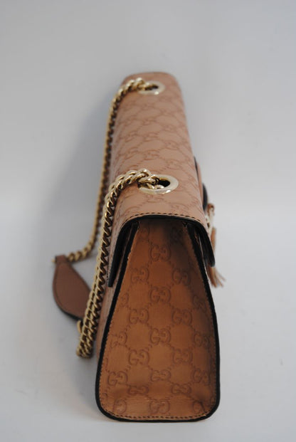 nude/ blush Gucci Emily Guccissima Leather Shoulder Bag (often called Emily Horsebit Chain Shoulder Bag), Length: 10.5–11” Height: 6.5” Depth: 2.5–3” Chain Strap Drop: ~10”