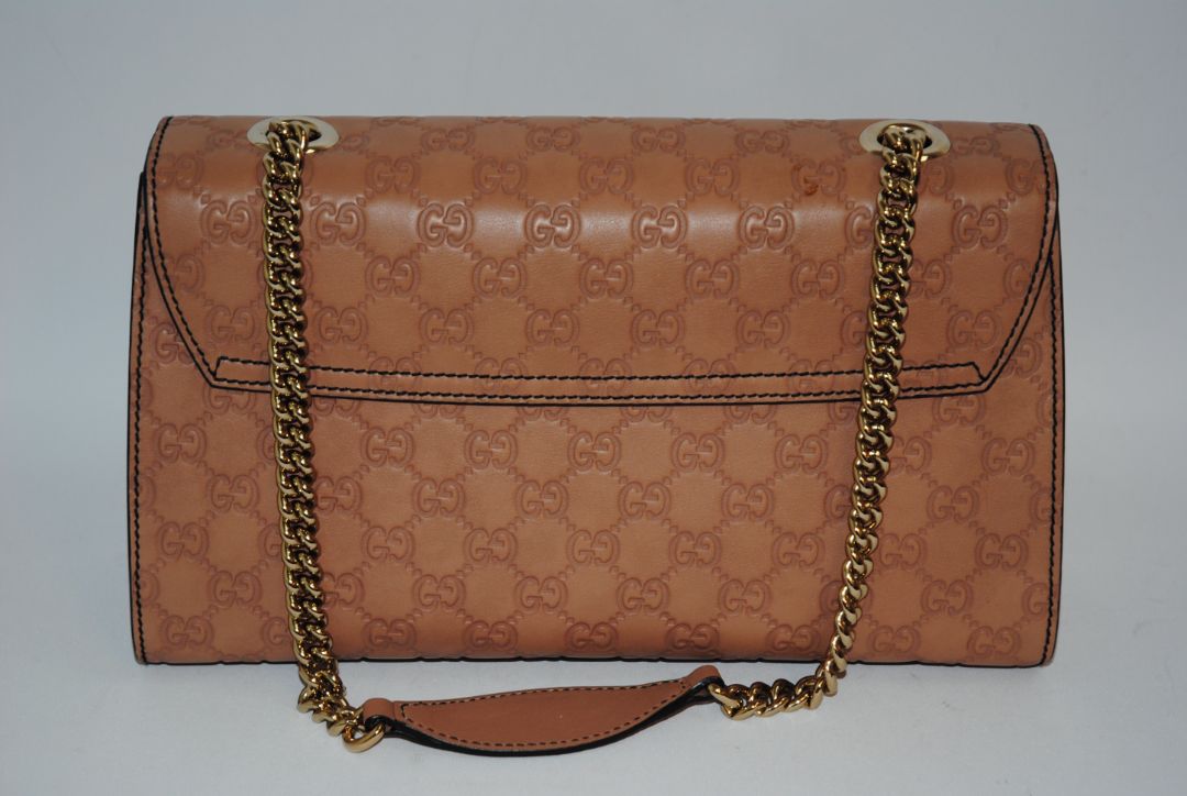 nude/ blush Gucci Emily Guccissima Leather Shoulder Bag (often called Emily Horsebit Chain Shoulder Bag), Length: 10.5–11” Height: 6.5” Depth: 2.5–3” Chain Strap Drop: ~10”