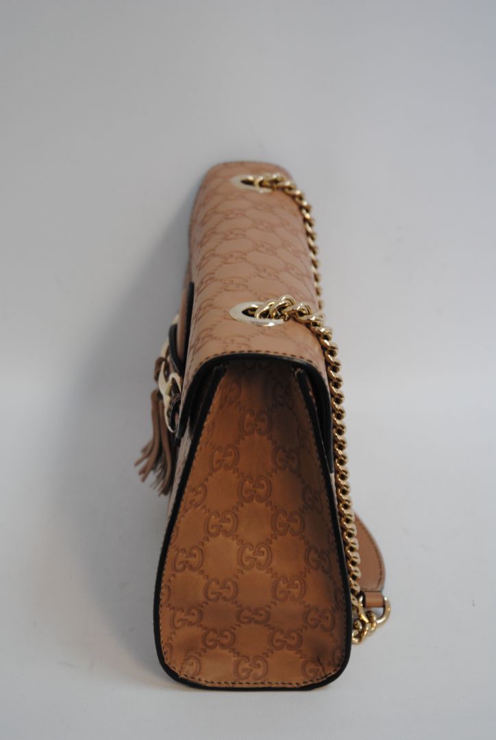 nude/ blush Gucci Emily Guccissima Leather Shoulder Bag (often called Emily Horsebit Chain Shoulder Bag), Length: 10.5–11” Height: 6.5” Depth: 2.5–3” Chain Strap Drop: ~10”