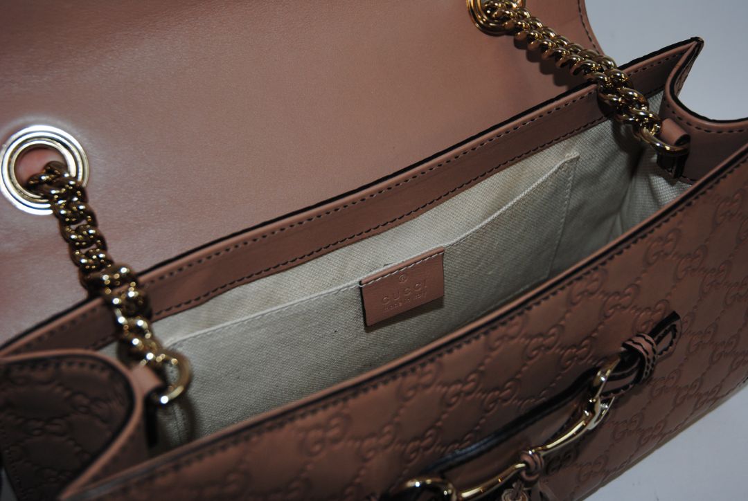 nude/ blush Gucci Emily Guccissima Leather Shoulder Bag (often called Emily Horsebit Chain Shoulder Bag), Length: 10.5–11” Height: 6.5” Depth: 2.5–3” Chain Strap Drop: ~10”