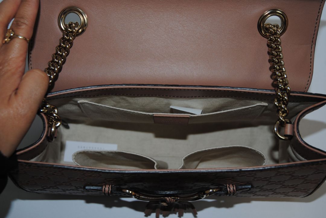 nude/ blush Gucci Emily Guccissima Leather Shoulder Bag (often called Emily Horsebit Chain Shoulder Bag), Length: 10.5–11” Height: 6.5” Depth: 2.5–3” Chain Strap Drop: ~10”