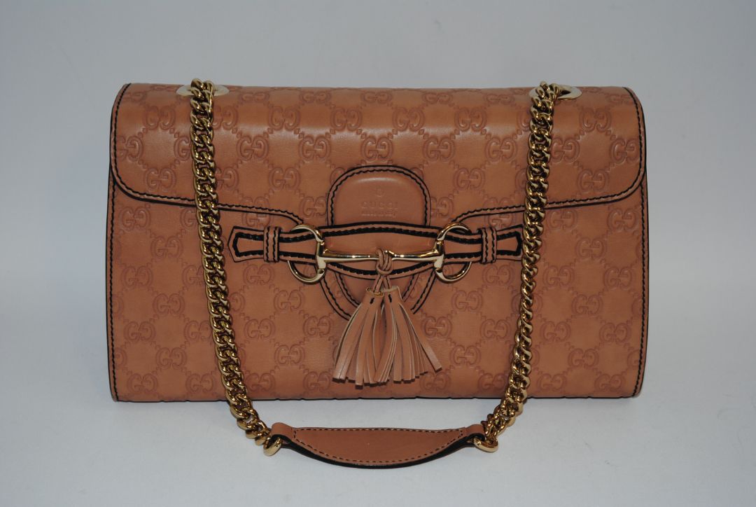 nude/ blush Gucci Emily Guccissima Leather Shoulder Bag (often called Emily Horsebit Chain Shoulder Bag), Length: 10.5–11” Height: 6.5” Depth: 2.5–3” Chain Strap Drop: ~10”