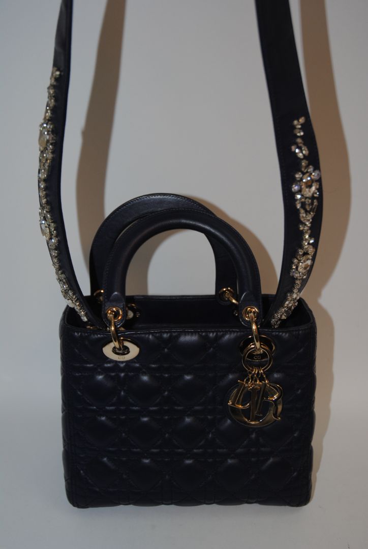 navy blue Christian Dior Dior Lady Dior Medium, Height: ~20 cm / 8 in Width: ~24 cm / 9.5 in Depth: ~11–12 cm / 4.5 in