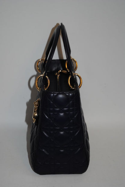 navy blue Christian Dior Dior Lady Dior Medium, Height: ~20 cm / 8 in Width: ~24 cm / 9.5 in Depth: ~11–12 cm / 4.5 in