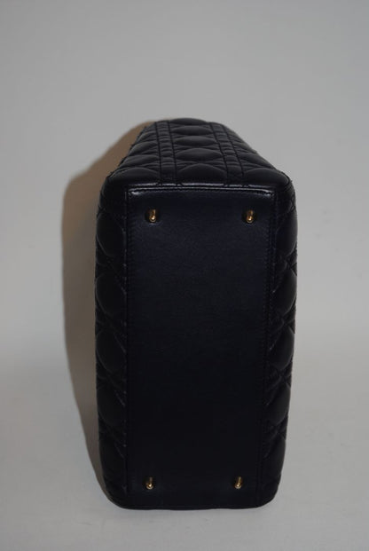 navy blue Christian Dior Dior Lady Dior Medium, Height: ~20 cm / 8 in Width: ~24 cm / 9.5 in Depth: ~11–12 cm / 4.5 in