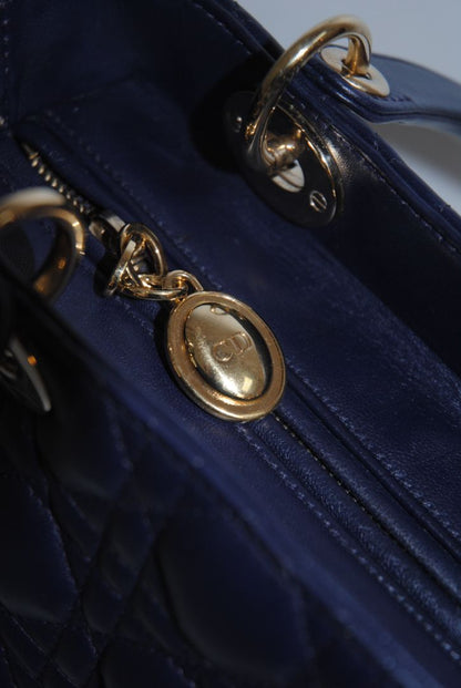 navy blue Christian Dior Dior Lady Dior Medium, Height: ~20 cm / 8 in Width: ~24 cm / 9.5 in Depth: ~11–12 cm / 4.5 in