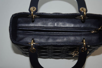 navy blue Christian Dior Dior Lady Dior Medium, Height: ~20 cm / 8 in Width: ~24 cm / 9.5 in Depth: ~11–12 cm / 4.5 in