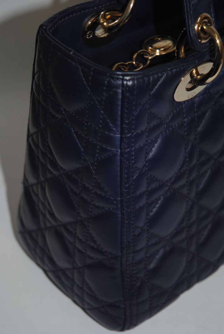 navy blue Christian Dior Dior Lady Dior Medium, Height: ~20 cm / 8 in Width: ~24 cm / 9.5 in Depth: ~11–12 cm / 4.5 in