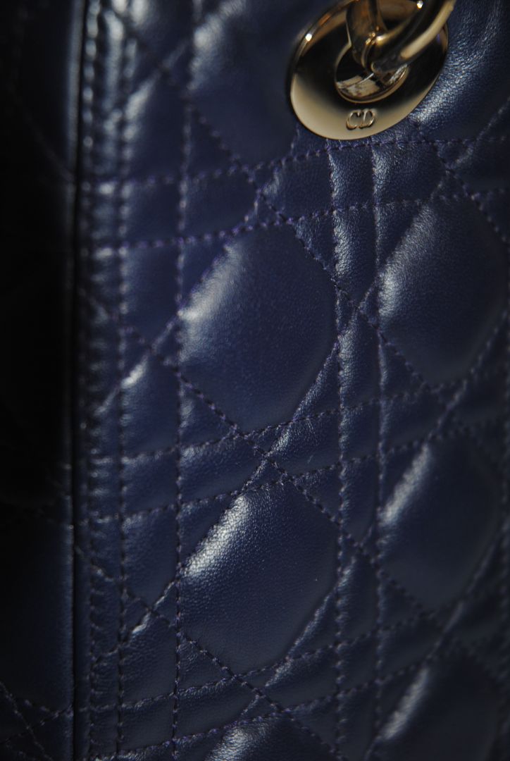 navy blue Christian Dior Dior Lady Dior Medium, Height: ~20 cm / 8 in Width: ~24 cm / 9.5 in Depth: ~11–12 cm / 4.5 in