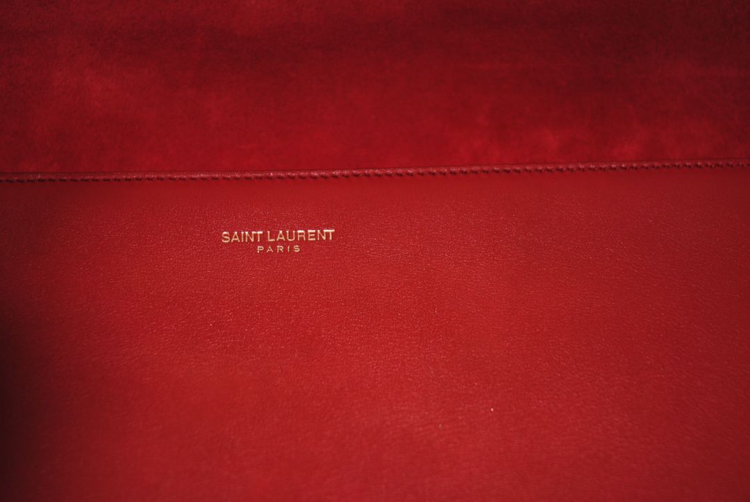 red YSL Classic Y Ligne Clutch, Length: 11” Height: 6” Depth: 1.5”