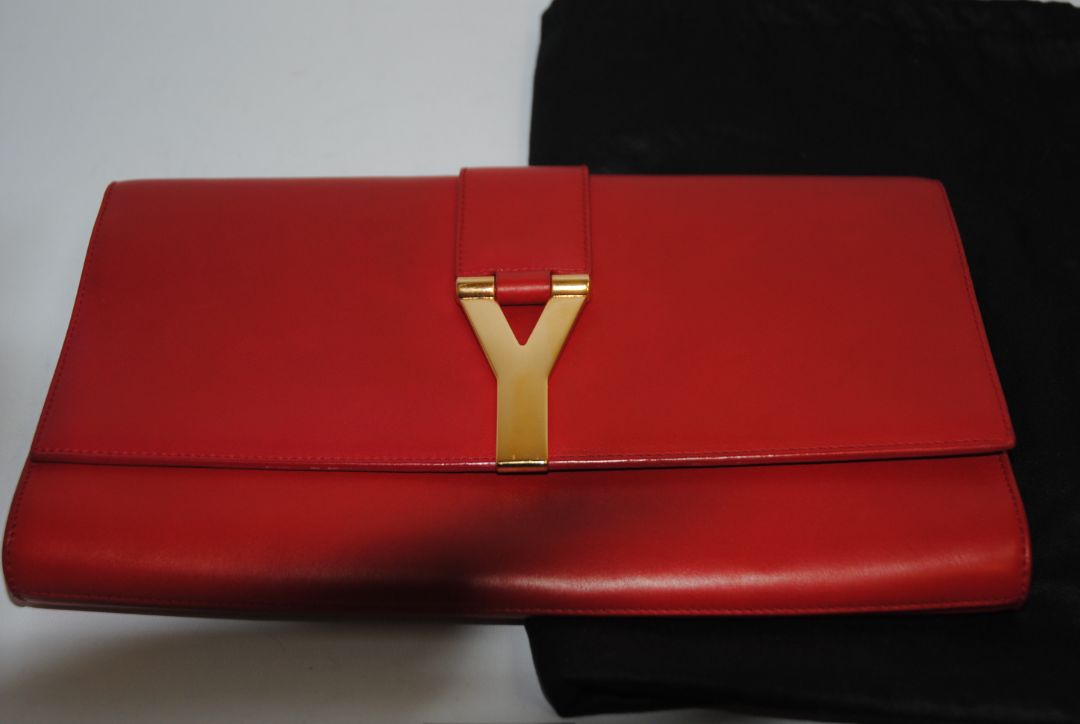 red YSL Classic Y Ligne Clutch, Length: 11” Height: 6” Depth: 1.5”