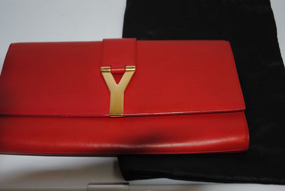 red YSL Classic Y Ligne Clutch, Length: 11” Height: 6” Depth: 1.5”