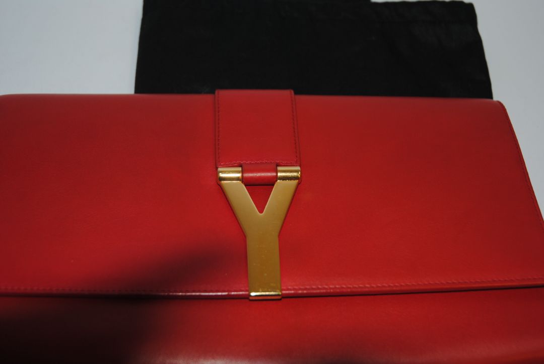 red YSL Classic Y Ligne Clutch, Length: 11” Height: 6” Depth: 1.5”