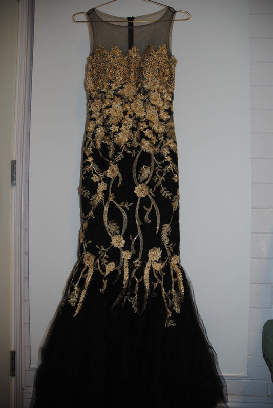 black and gold Romance applique and mesh gown, 2