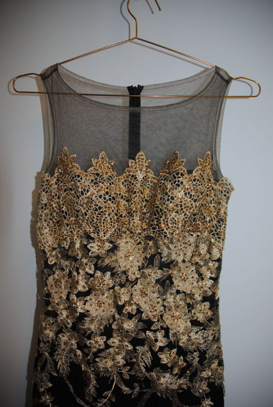 black and gold Romance applique and mesh gown, 2