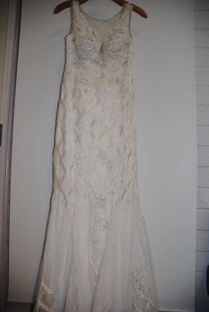 white with gold hints NA lace applique' ball gown wedding gown, 6-8 approx