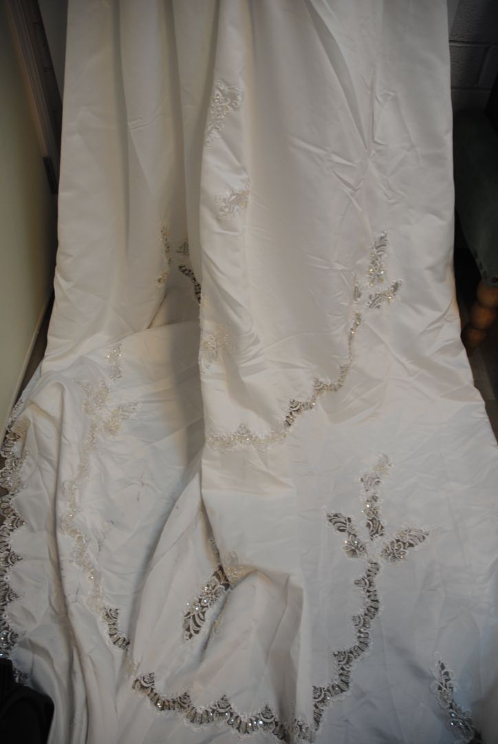 white with gold hints NA lace applique' ball gown wedding gown, 6-8 approx