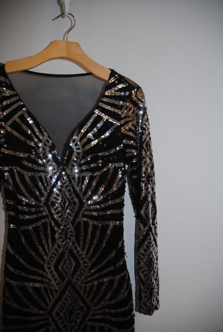 Venus Black Silver Art Deco Sequin Gown S